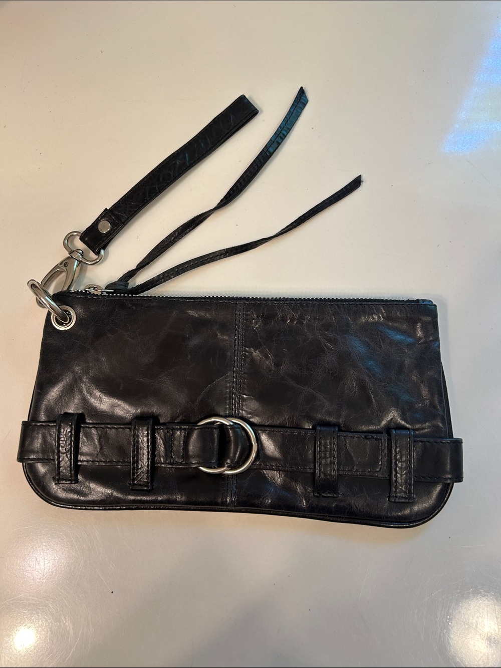 Black Leather Wristlet Clutch with Ring Detail